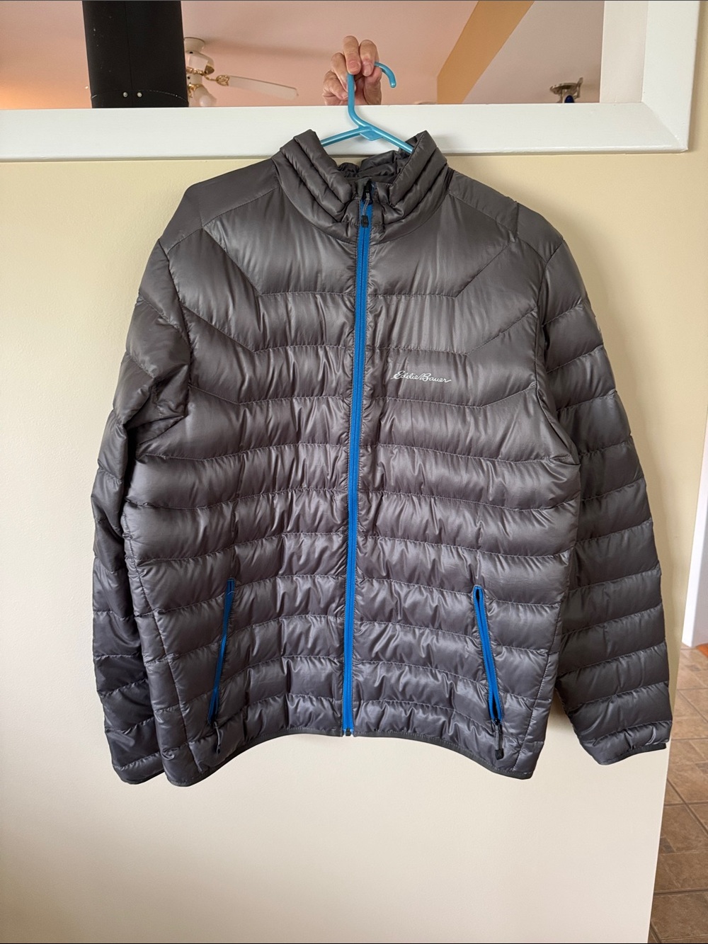 Eddie Bauer Men’s Ascent Gray Puffer Jacket with Blue Trim